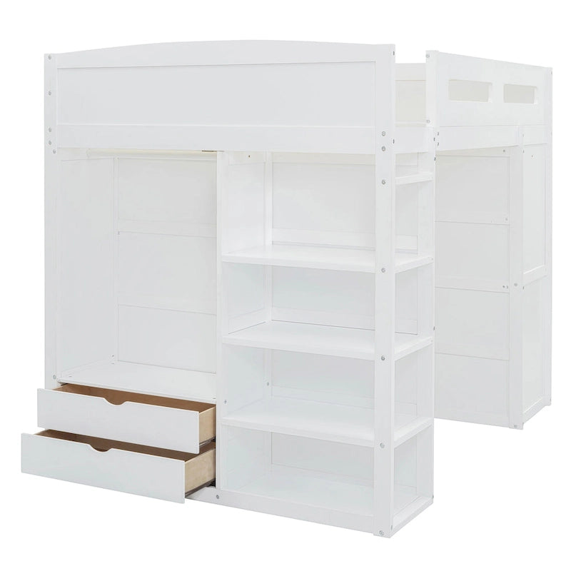 Full Size Solid Wood Loft Bed with Desk, Wardrobes, and Shelves