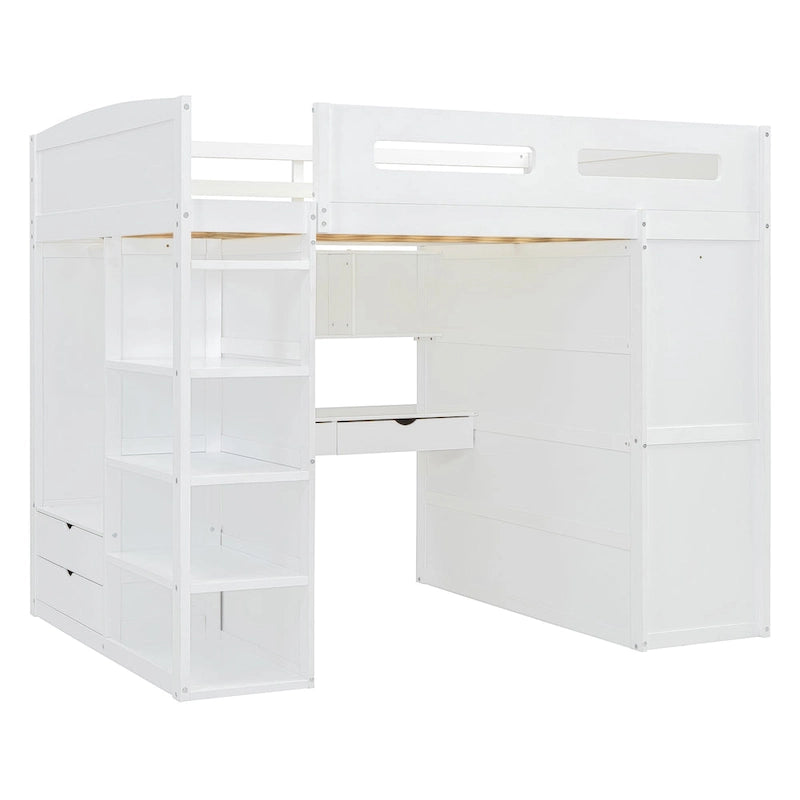 Lit mezzanine pleine grandeur en bois massif avec bureau, armoires et étagères