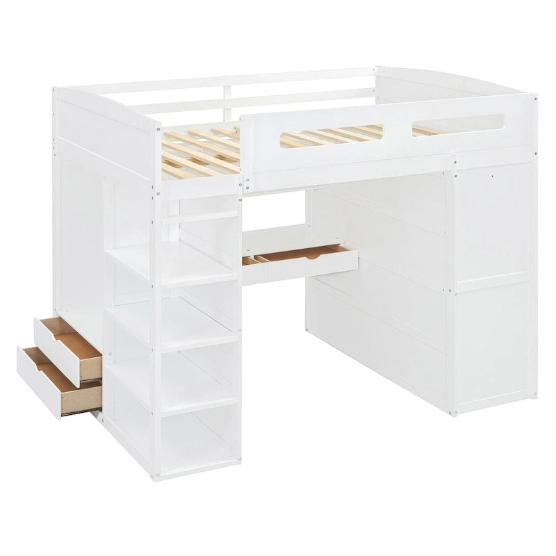 Lit mezzanine pleine grandeur en bois massif avec bureau, armoires et étagères
