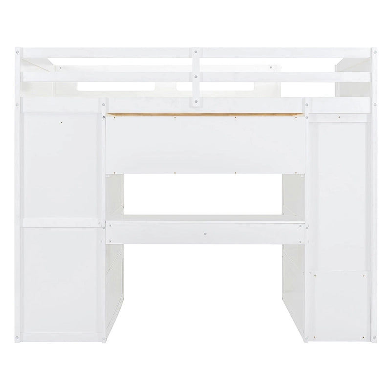 Lit mezzanine pleine grandeur en bois massif avec bureau, armoires et étagères