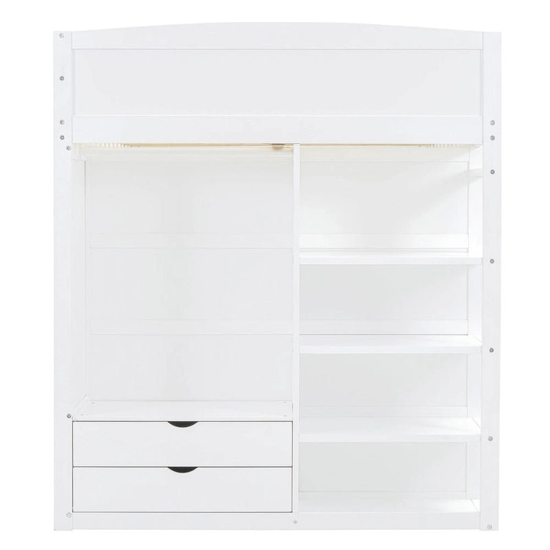 Lit mezzanine pleine grandeur en bois massif avec bureau, armoires et étagères