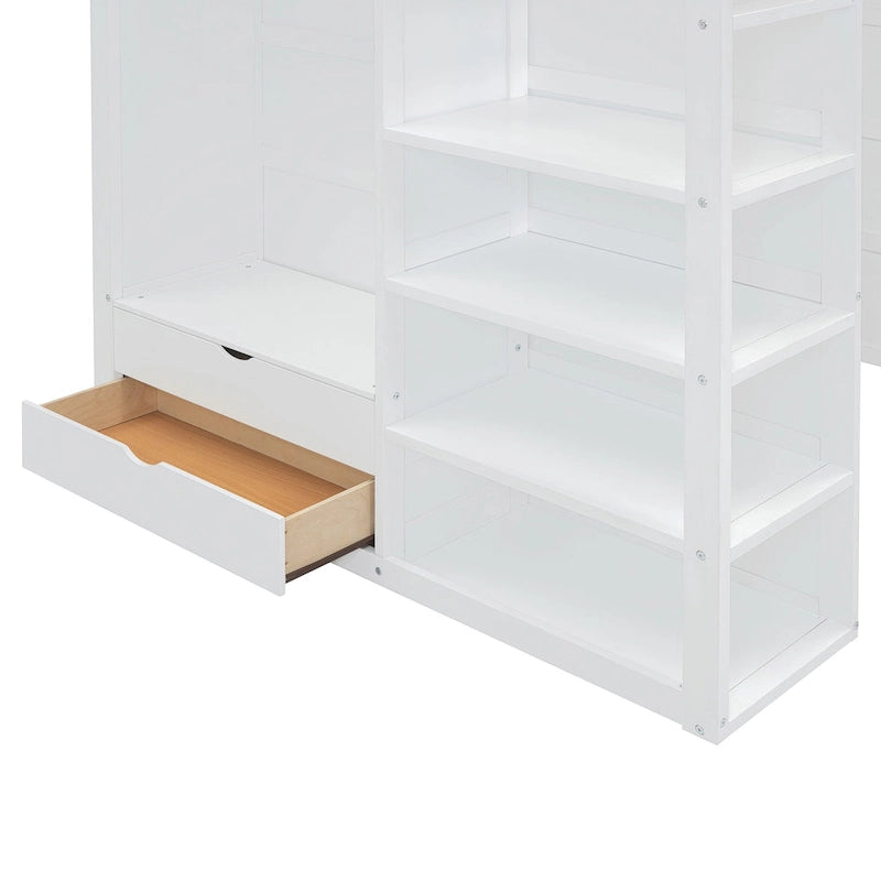 Lit mezzanine pleine grandeur en bois massif avec bureau, armoires et étagères