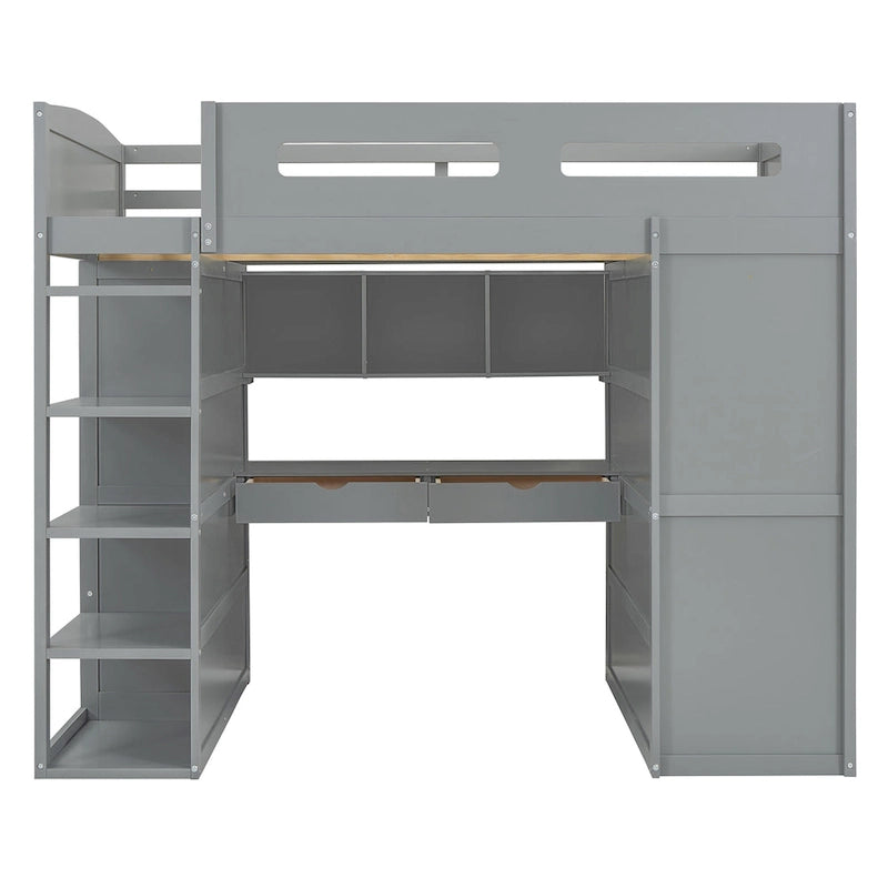 Lit mezzanine pleine grandeur en bois massif avec bureau, armoires et étagères