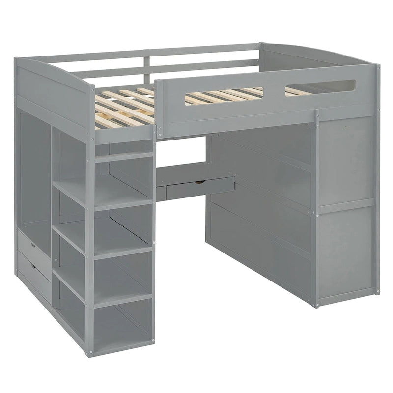 Lit mezzanine pleine grandeur en bois massif avec bureau, armoires et étagères