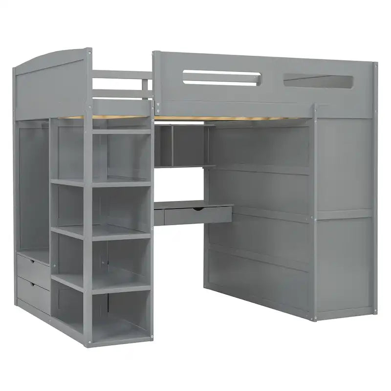 Lit mezzanine pleine grandeur en bois massif avec bureau, armoires et étagères