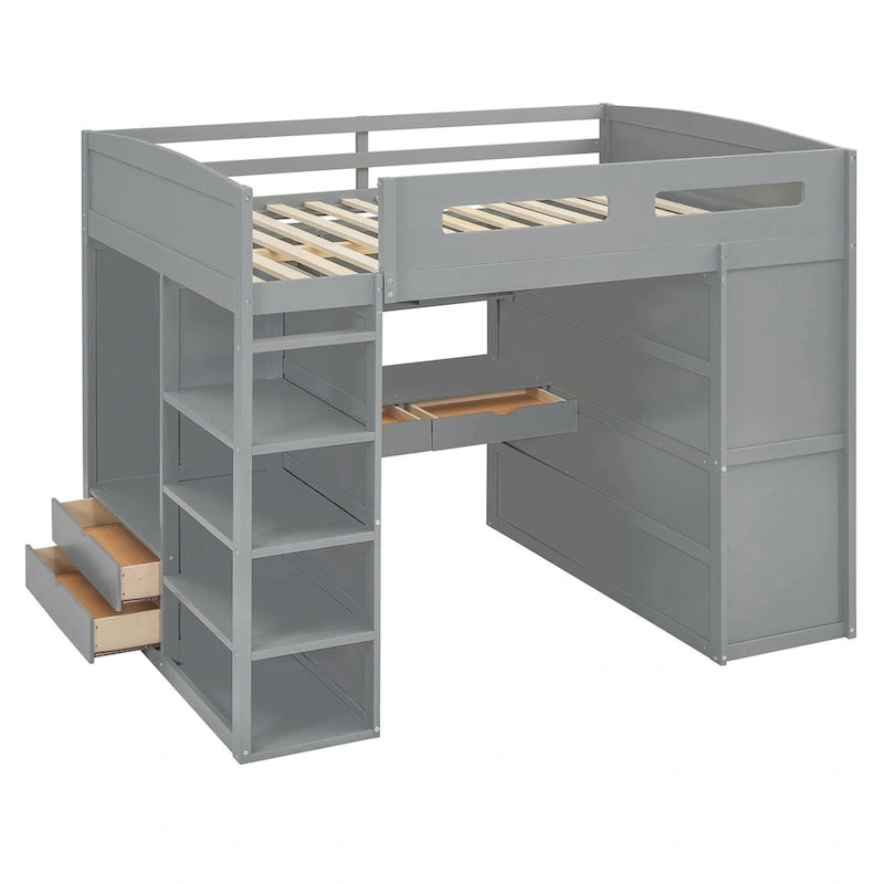 Lit mezzanine pleine grandeur en bois massif avec bureau, armoires et étagères