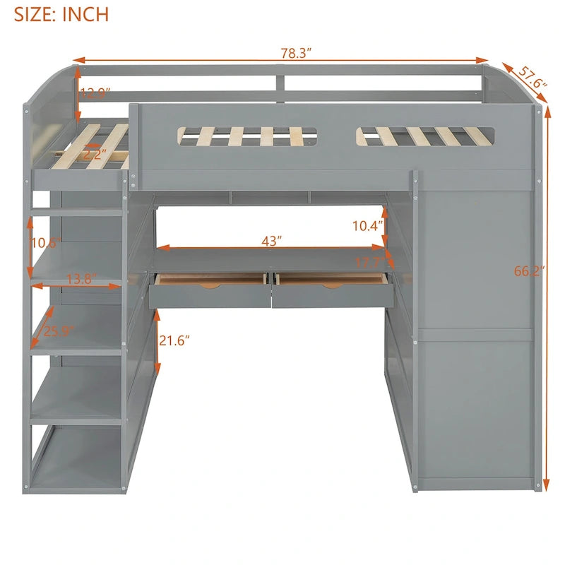 Lit mezzanine pleine grandeur en bois massif avec bureau, armoires et étagères