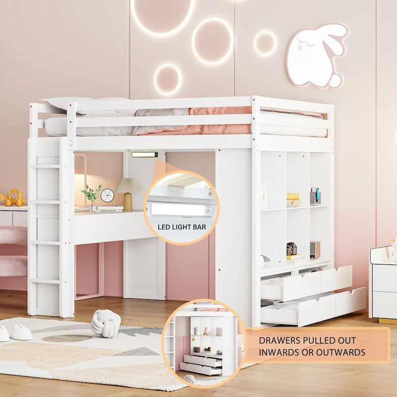 Lit mezzanine pleine grandeur en bois massif avec étagères, bureau et éclairage LED