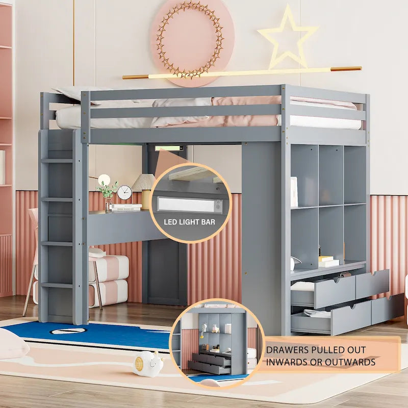 Lit mezzanine pleine grandeur en bois massif avec étagères, bureau et éclairage LED
