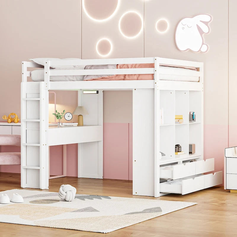 Full Size Solid Wood Loft Bed with Shelves, Writing Desk, and LED Light