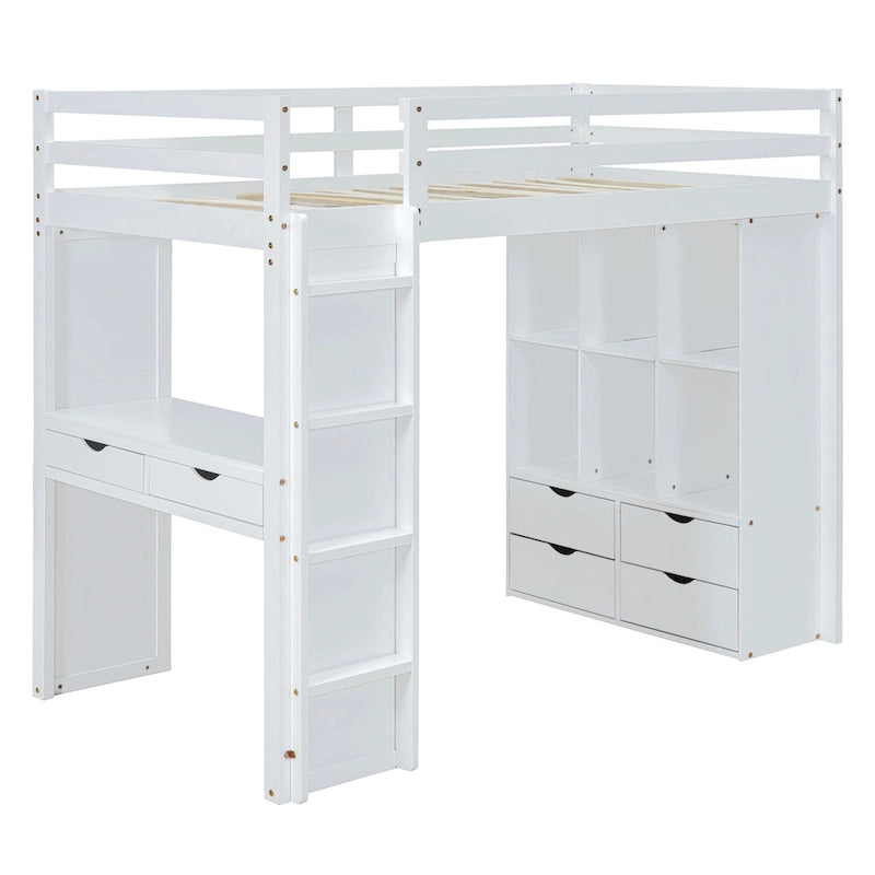 Lit mezzanine pleine grandeur en bois massif avec étagères, bureau et éclairage LED