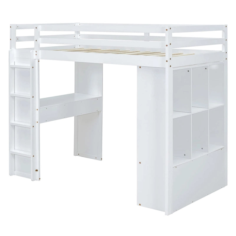 Lit mezzanine pleine grandeur en bois massif avec étagères, bureau et éclairage LED
