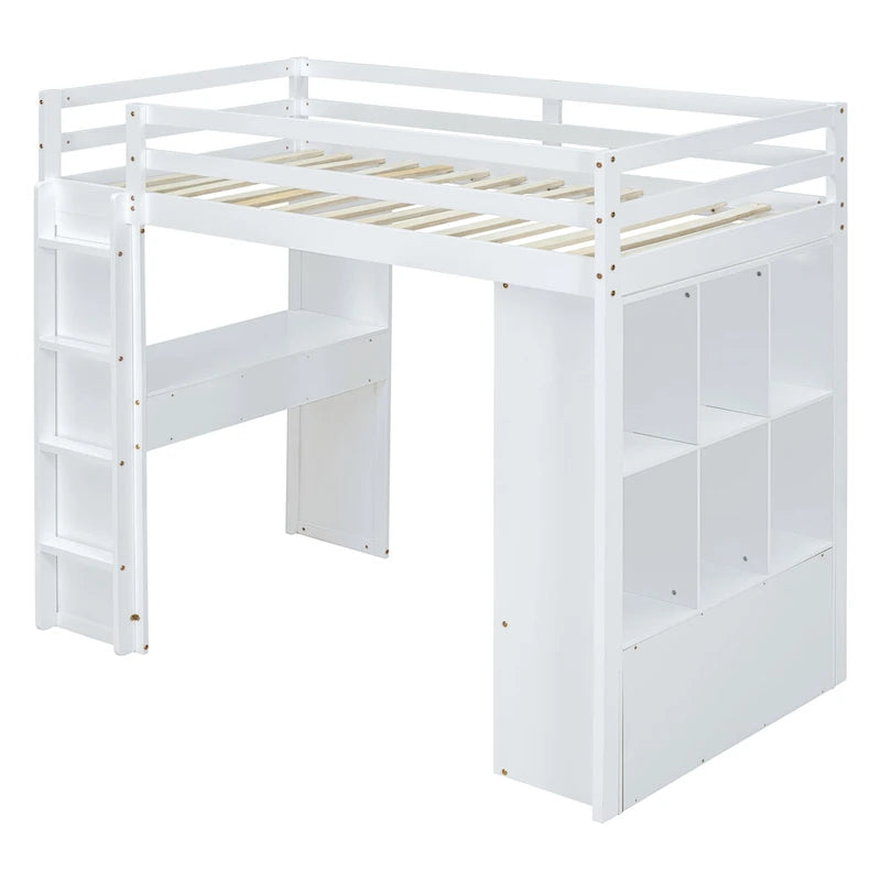 Lit mezzanine pleine grandeur en bois massif avec étagères, bureau et éclairage LED