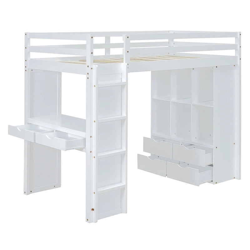 Lit mezzanine pleine grandeur en bois massif avec étagères, bureau et éclairage LED