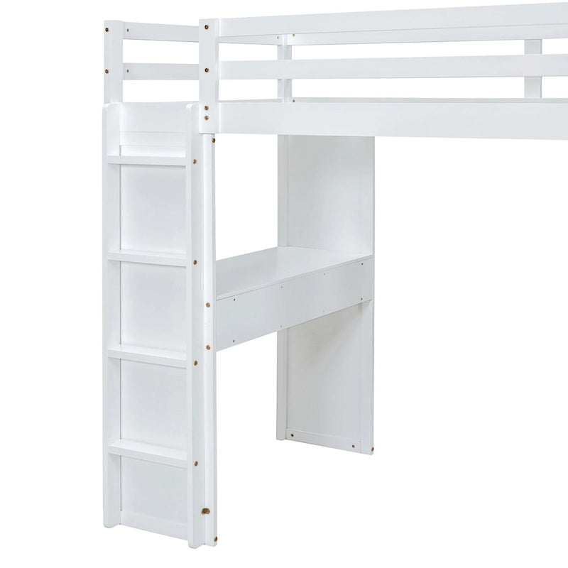 Lit mezzanine pleine grandeur en bois massif avec étagères, bureau et éclairage LED