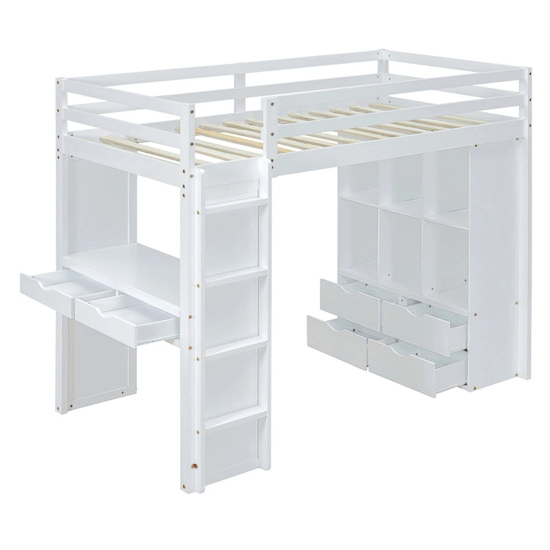 Lit mezzanine pleine grandeur en bois massif avec étagères, bureau et éclairage LED