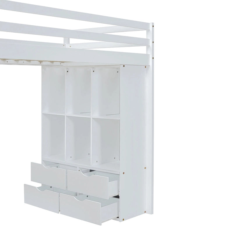 Lit mezzanine pleine grandeur en bois massif avec étagères, bureau et éclairage LED