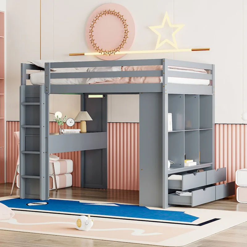 Lit mezzanine pleine grandeur en bois massif avec étagères, bureau et éclairage LED
