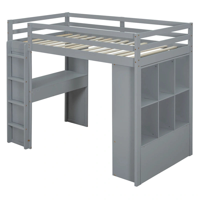 Lit mezzanine pleine grandeur en bois massif avec étagères, bureau et éclairage LED