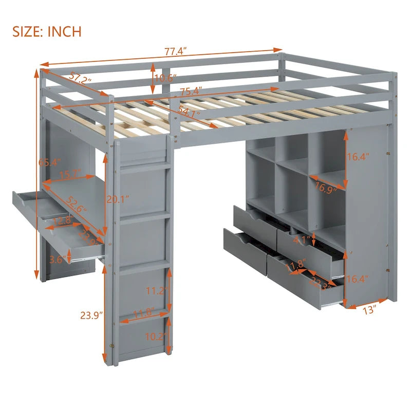 Lit mezzanine pleine grandeur en bois massif avec étagères, bureau et éclairage LED