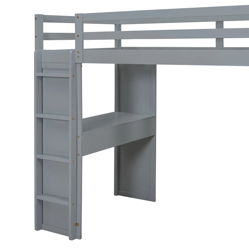Lit mezzanine pleine grandeur en bois massif avec étagères, bureau et éclairage LED