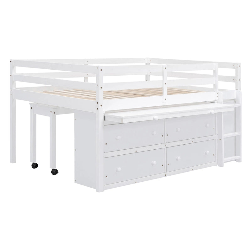 Full Size Solid Wood Loft Bed with Retractable Desk and Drawers