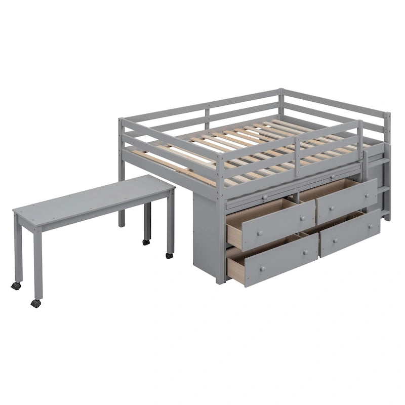 Lit mezzanine deux places en bois massif avec bureau escamotable et tiroirs