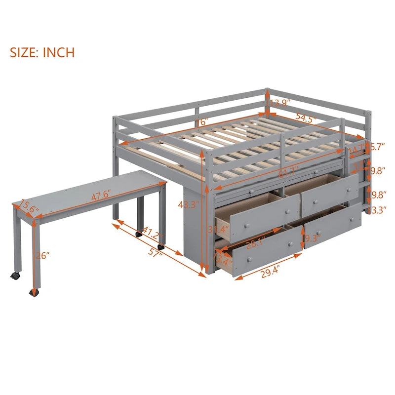 Lit mezzanine deux places en bois massif avec bureau escamotable et tiroirs