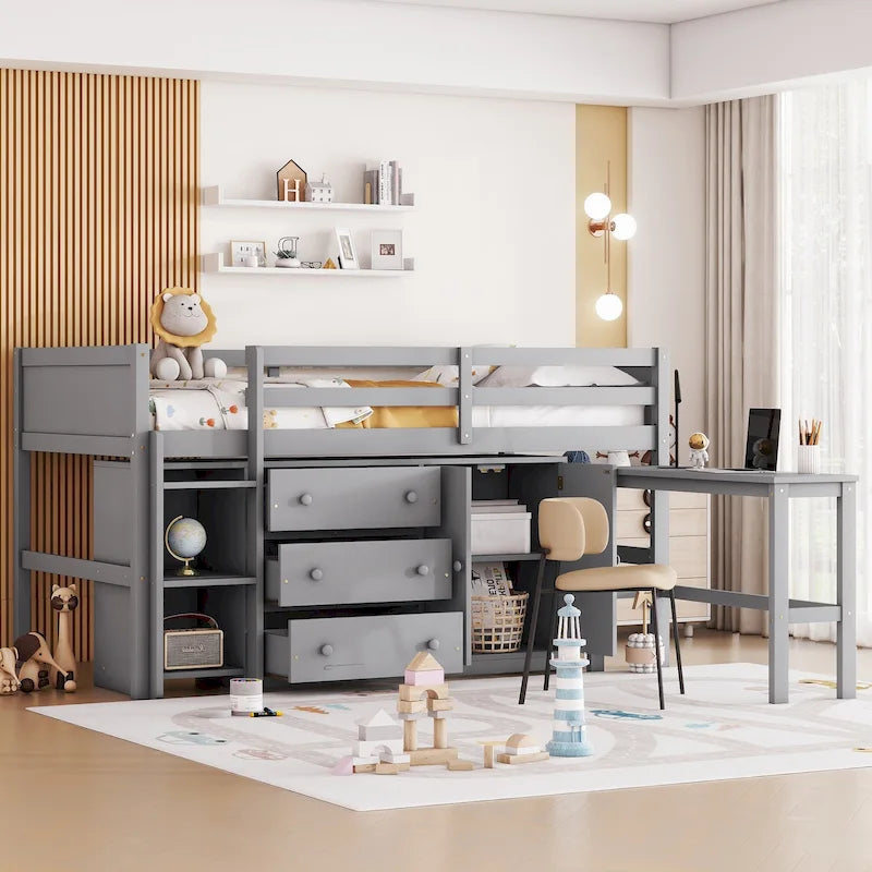 Lit mezzanine bas pour une personne en bois gris avec bureau coulissant et tiroirs