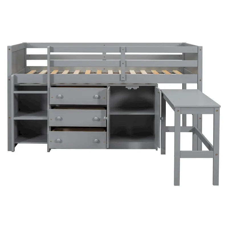 Lit mezzanine bas pour une personne en bois gris avec bureau coulissant et tiroirs