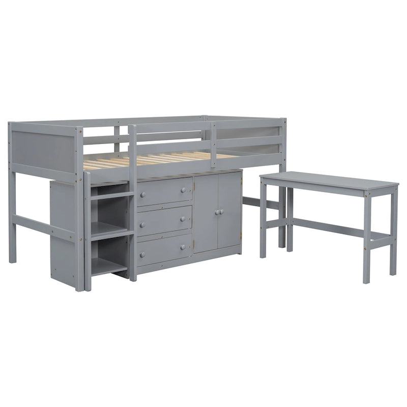 Lit mezzanine bas pour une personne en bois gris avec bureau coulissant et tiroirs