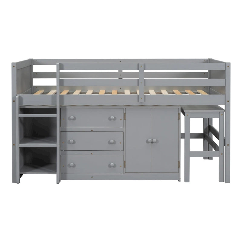 Lit mezzanine bas pour une personne en bois gris avec bureau coulissant et tiroirs