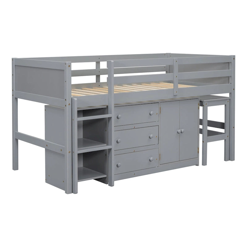 Lit mezzanine bas pour une personne en bois gris avec bureau coulissant et tiroirs