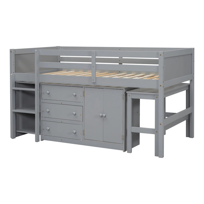 Lit mezzanine bas pour une personne en bois gris avec bureau coulissant et tiroirs