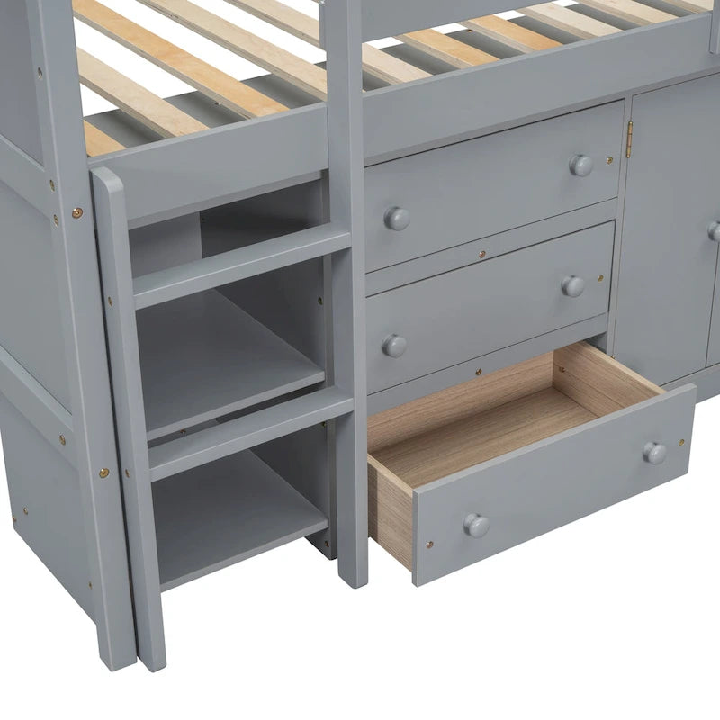 Lit mezzanine bas pour une personne en bois gris avec bureau coulissant et tiroirs