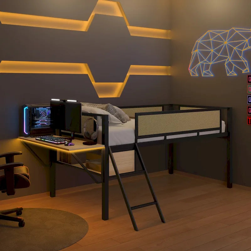 Lit mezzanine en métal pour une personne avec bureau rectangulaire, lumières LED et rangement