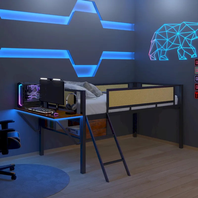 Lit mezzanine en métal pour une personne avec bureau rectangulaire, lumières LED et rangement
