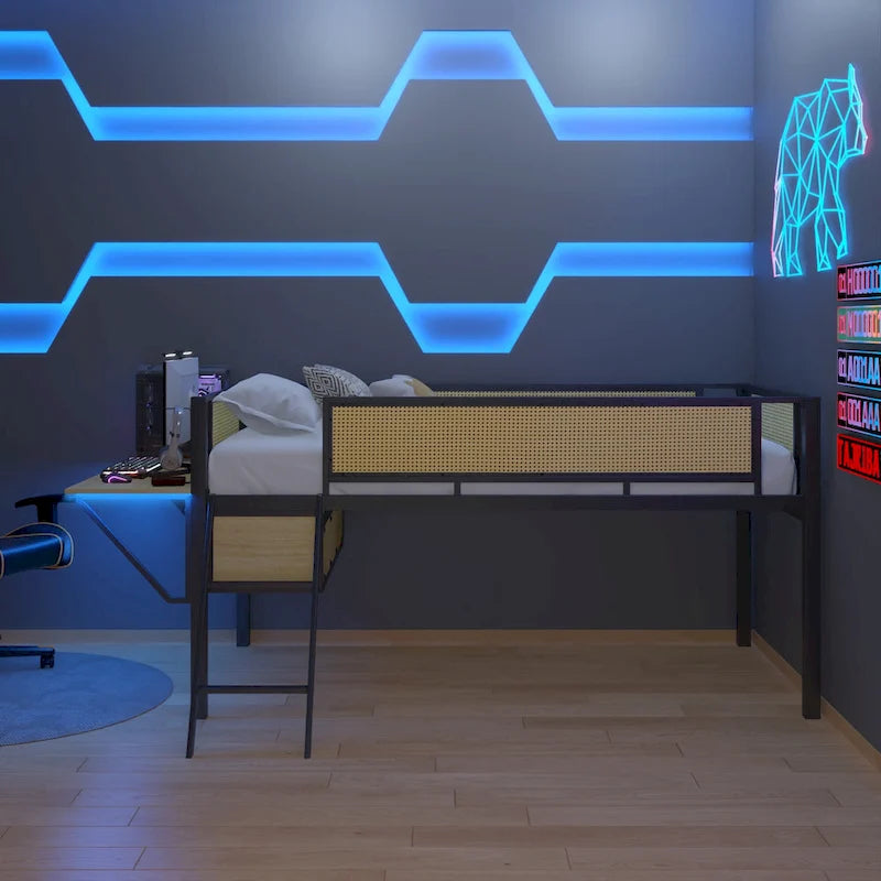 Twin Size Metal Loft Bed with Rectangular Desk, LED Lights, and Storage