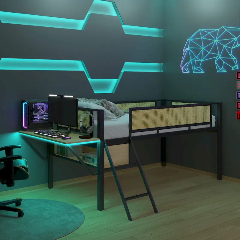 Lit mezzanine en métal pour une personne avec bureau rectangulaire, lumières LED et rangement