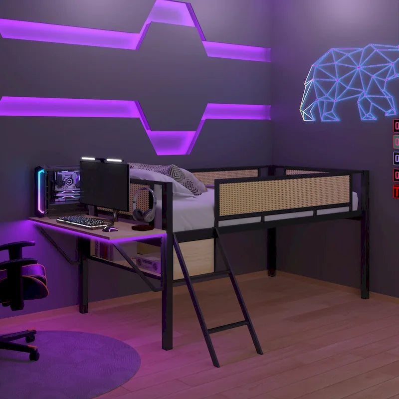 Lit mezzanine en métal pour une personne avec bureau rectangulaire, lumières LED et rangement