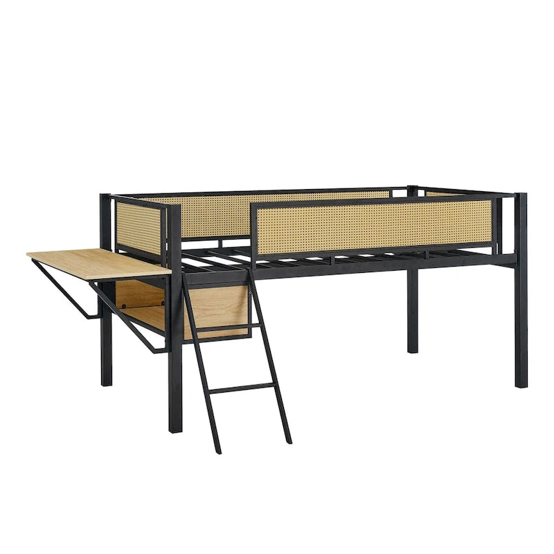 Lit mezzanine en métal pour une personne avec bureau rectangulaire, lumières LED et rangement
