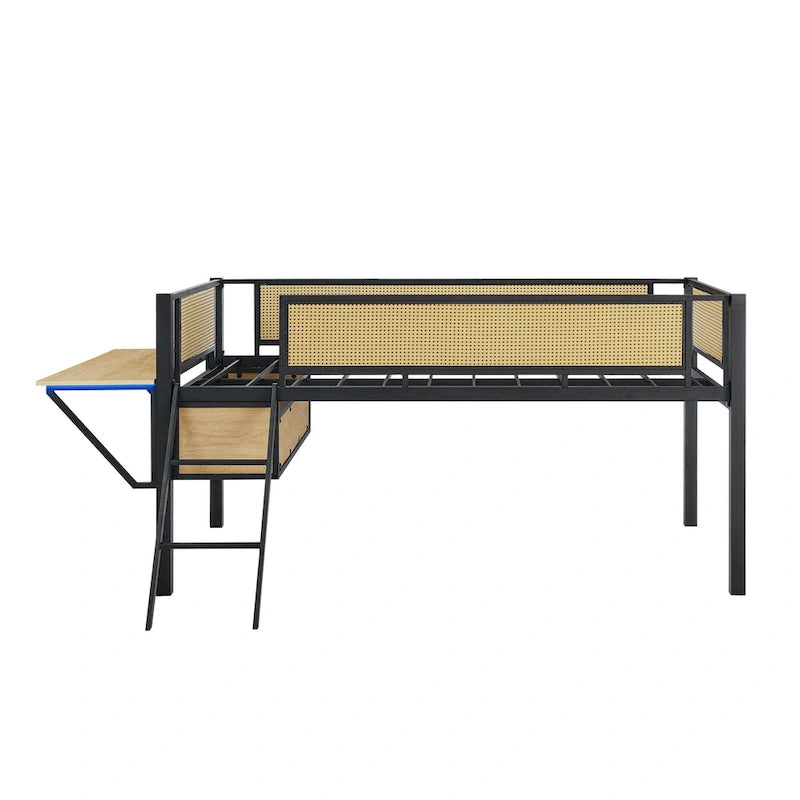 Lit mezzanine en métal pour une personne avec bureau rectangulaire, lumières LED et rangement