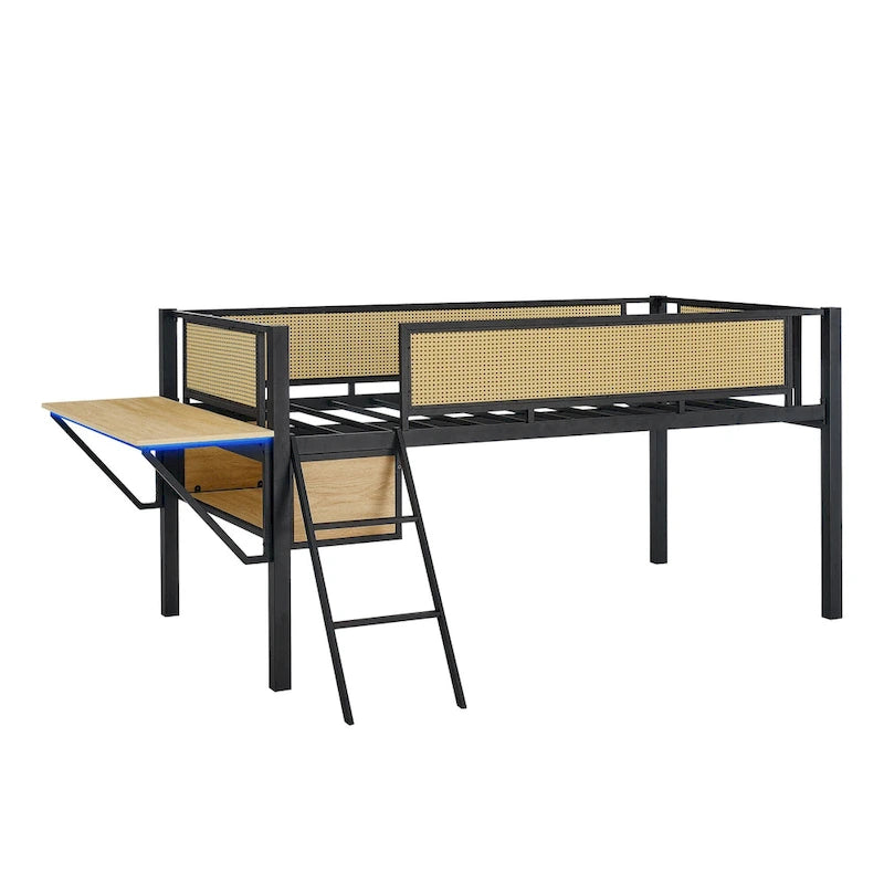 Lit mezzanine en métal pour une personne avec bureau rectangulaire, lumières LED et rangement