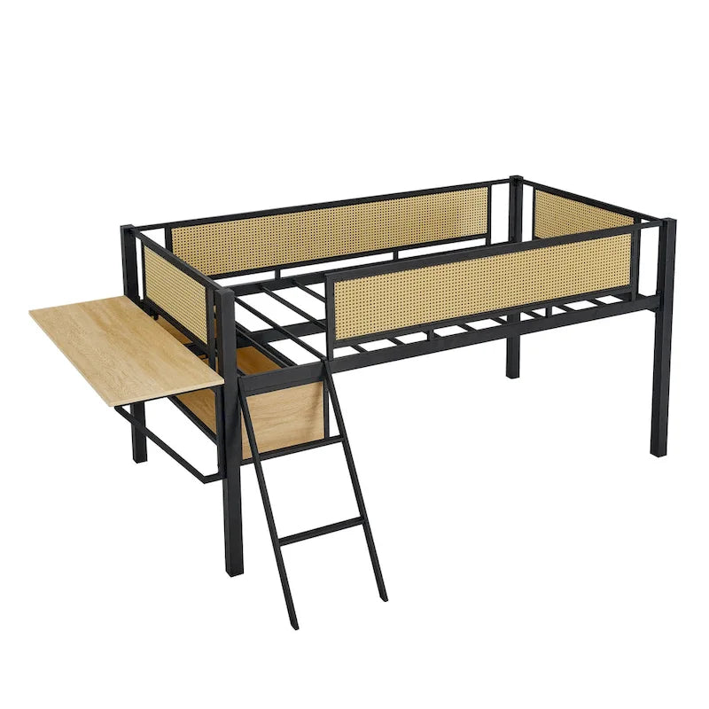 Lit mezzanine en métal pour une personne avec bureau rectangulaire, lumières LED et rangement