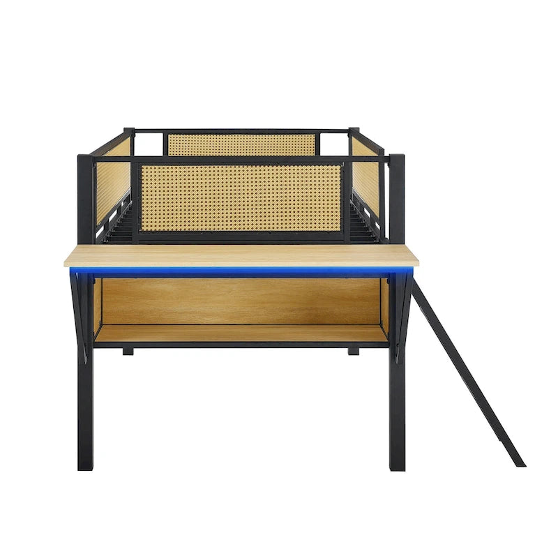 Lit mezzanine en métal pour une personne avec bureau rectangulaire, lumières LED et rangement