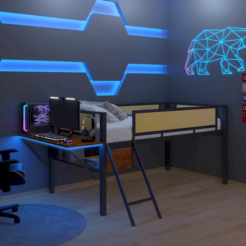 Lit mezzanine en métal pour une personne avec bureau rectangulaire, lumières LED et rangement