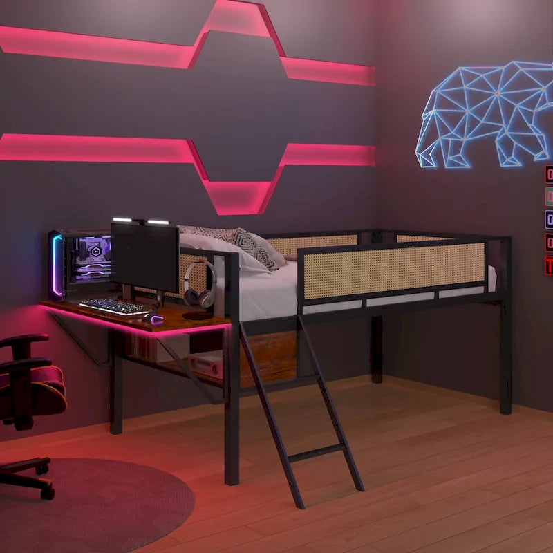 Lit mezzanine en métal pour une personne avec bureau rectangulaire, lumières LED et rangement