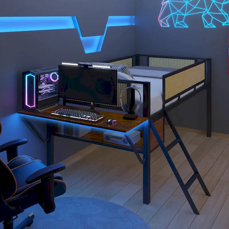 Lit mezzanine en métal pour une personne avec bureau rectangulaire, lumières LED et rangement