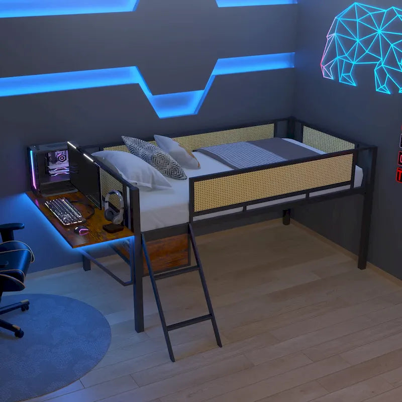 Lit mezzanine en métal pour une personne avec bureau rectangulaire, lumières LED et rangement