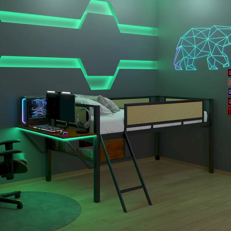 Lit mezzanine en métal pour une personne avec bureau rectangulaire, lumières LED et rangement